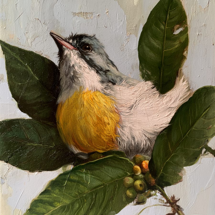 An oil study of a bird, the photograph as it arrived