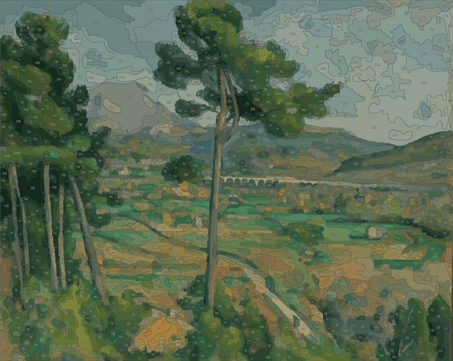 Mont Sainte-Victoire, Paul Cézanne, 1882–85, redrawn by Pacyra as closed painting shapes with a number and its mixed colour in each one.