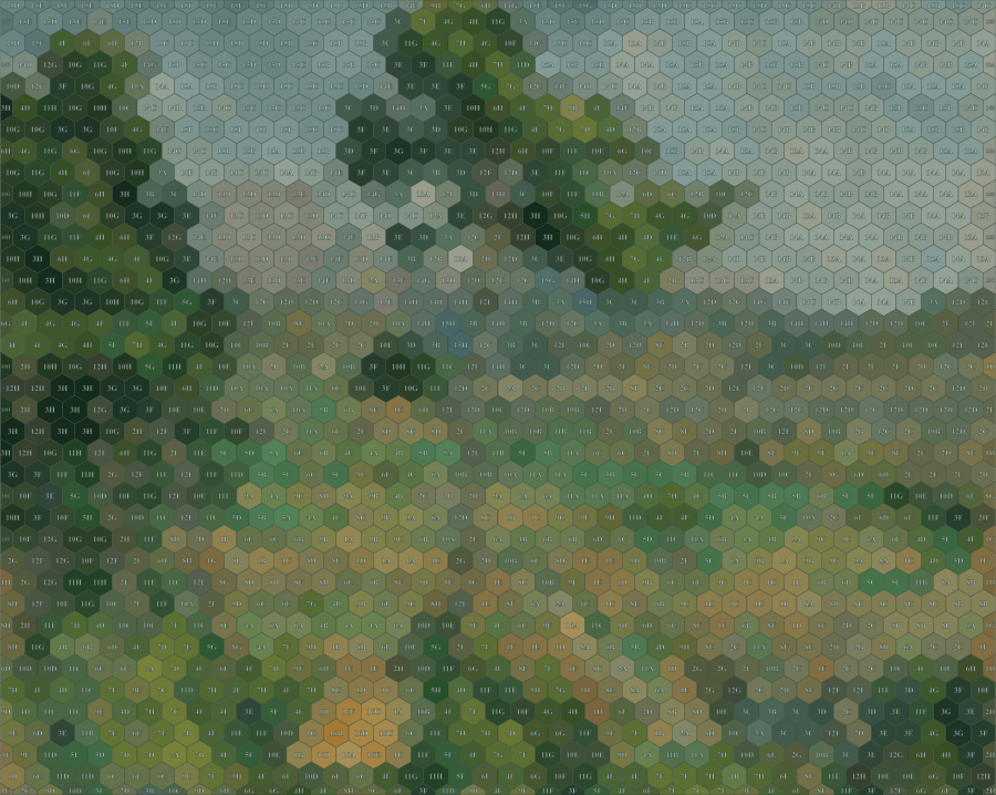 Mont Sainte-Victoire, Paul Cézanne, 1882–85, tiled by Pacyra into numbered hexagons, each cell holding the average colour of the area it covers.