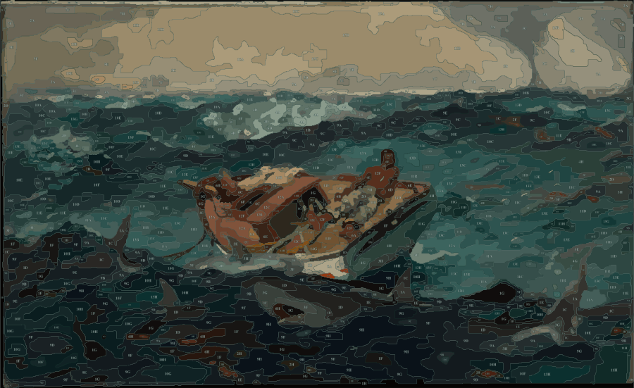The Gulf Stream, Winslow Homer, 1899, redrawn by Pacyra as closed painting shapes with a number and its mixed colour in each one.