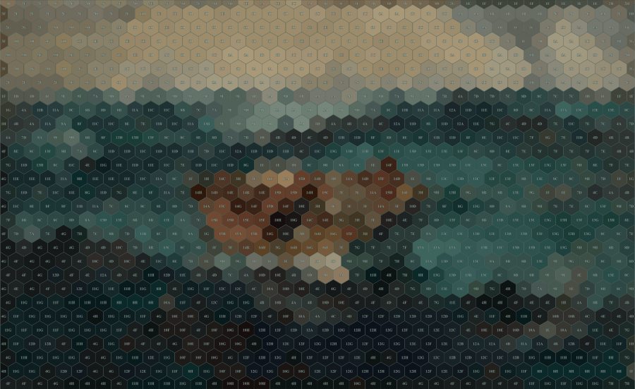 The Gulf Stream, Winslow Homer, 1899, tiled by Pacyra into numbered hexagons, each cell holding the average colour of the area it covers.