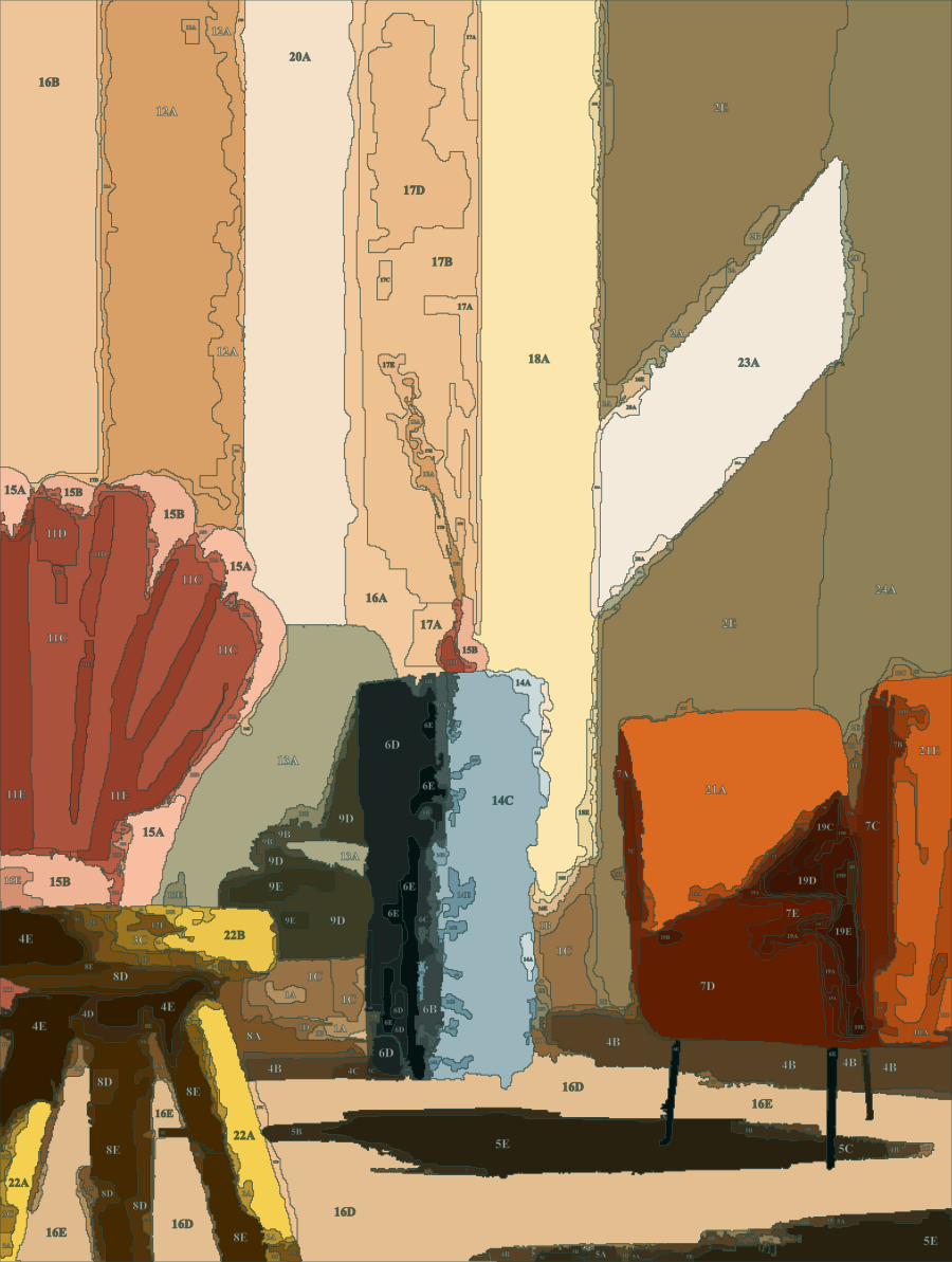 An illustrated interior, redrawn by Pacyra as closed painting shapes with a number and its mixed colour in each one.