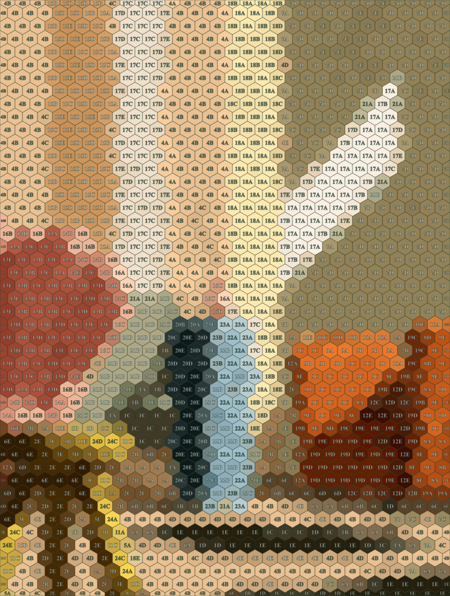 An illustrated interior, tiled by Pacyra into numbered hexagons, each cell holding the average colour of the area it covers.