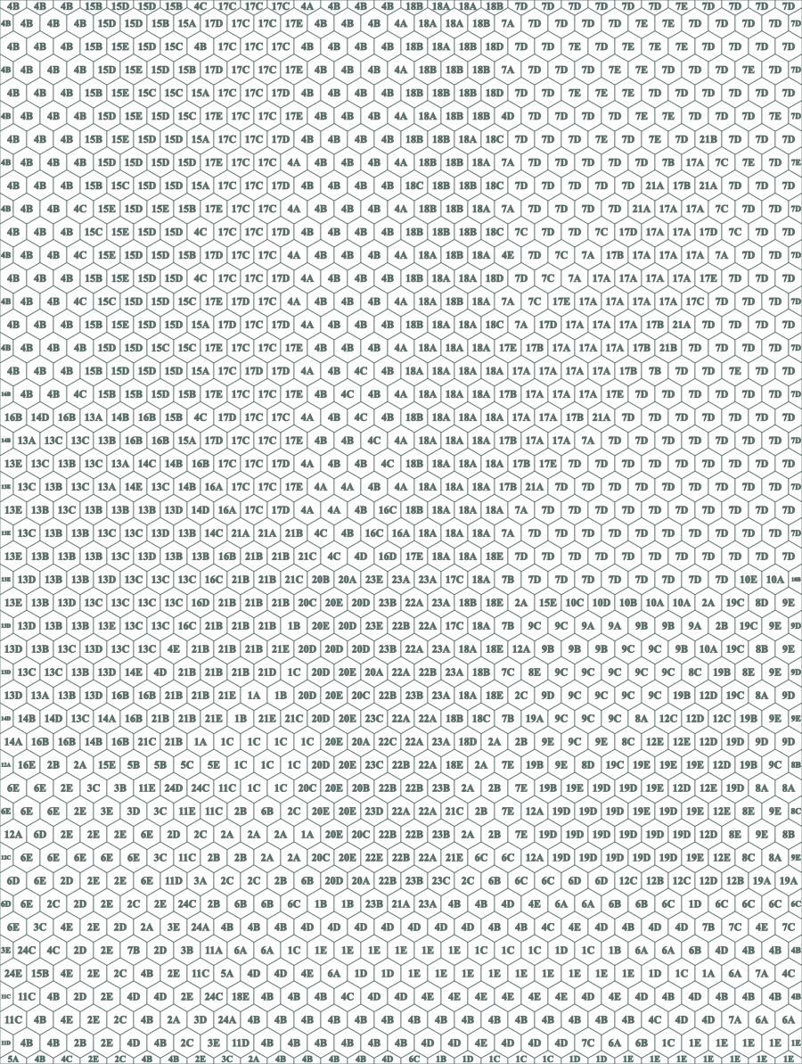 The same hexagon worksheet uncoloured: empty numbered cells over An illustrated interior, ready to print and paint.