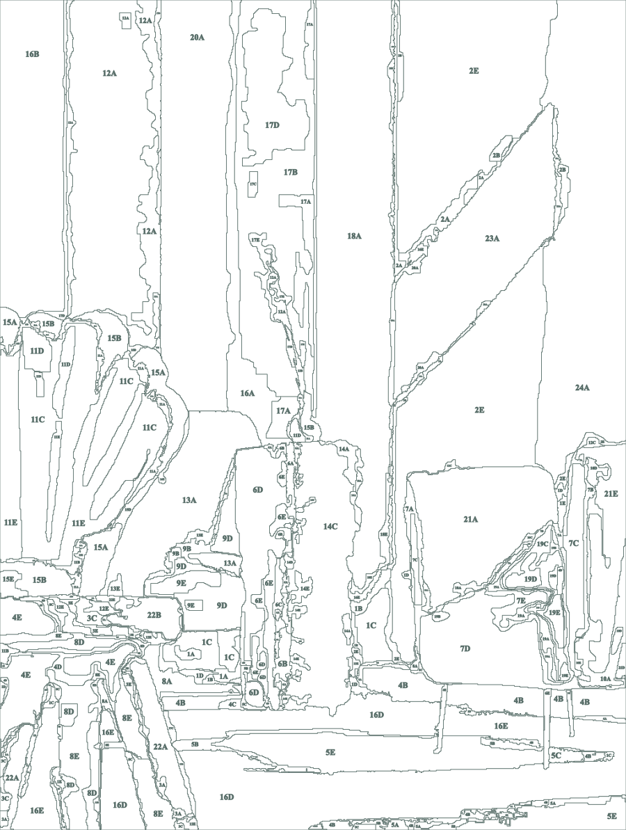 The same guide with the colour turned off: an outline drawing of An illustrated interior, a number in every shape, ready to print or trace.