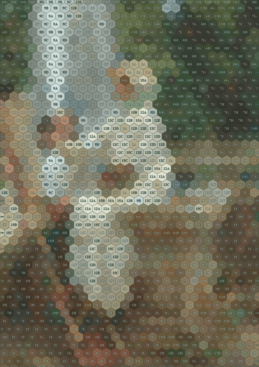 The Fountain, Villa Torlonia, John Singer Sargent, 1907, tiled by Pacyra into numbered hexagons, each cell holding the average colour of the area it covers.